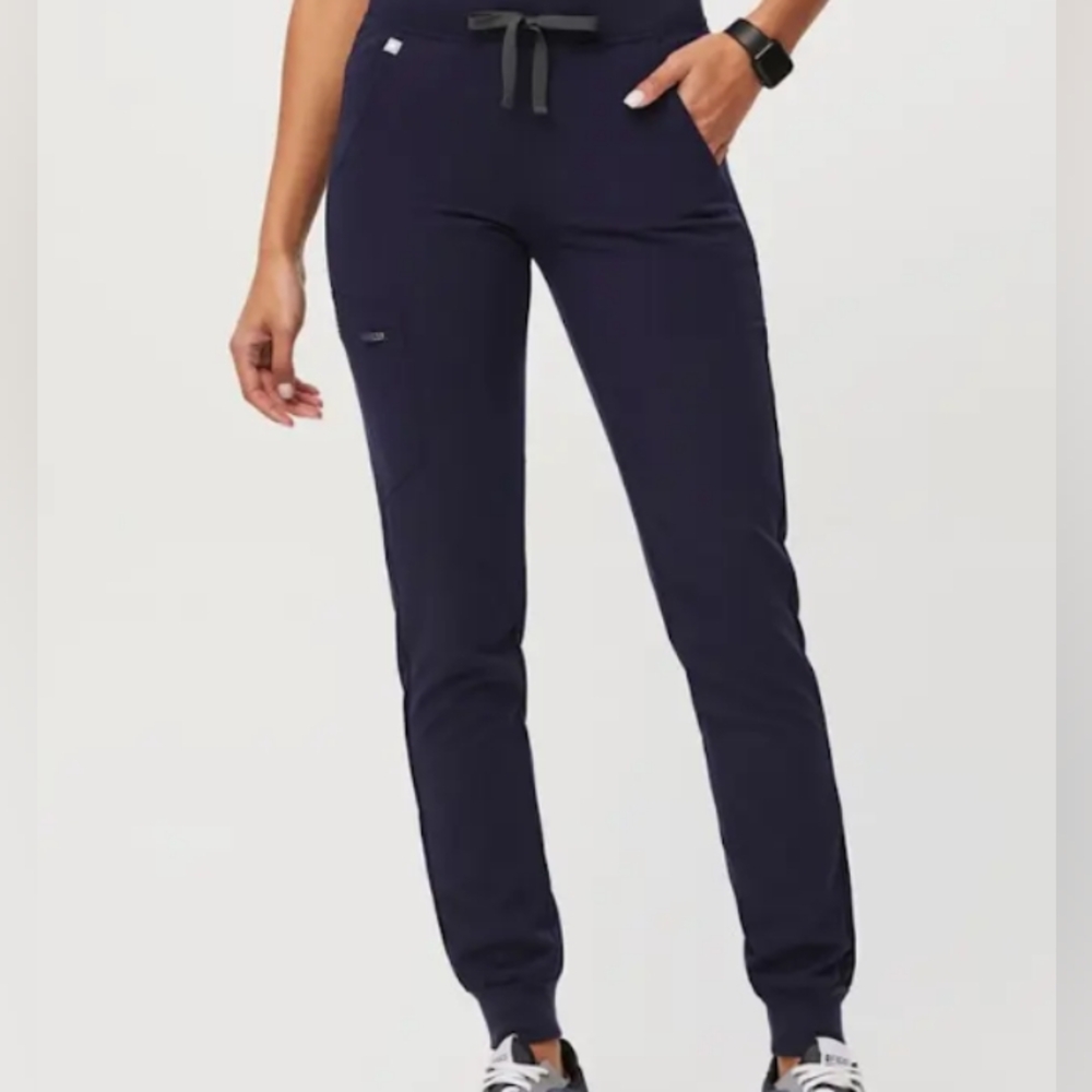 Fig's Zamora Jogger Scrub Pants Navy W/ Gray Drawstring Sz L/P